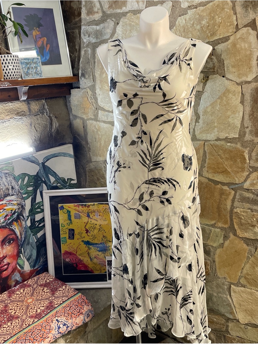 Jeanne Alexander Silk Blend Cowl Neck Midi Dress Black Ivory